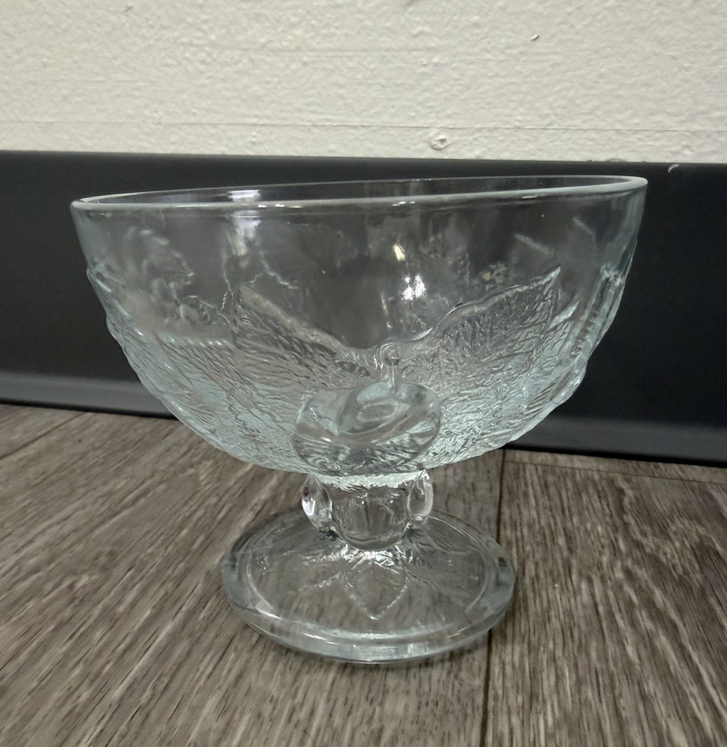 Vintage Footed Glass Bowl W/ Apples & Grapes Fruit Design Holiday Candy Dish
