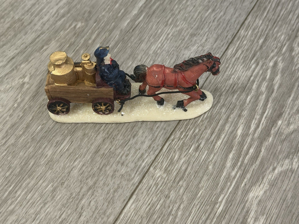 Horse-Drawn Fire Pumper Wagon w/ Firefighter, Vintage Christmas Village Figurine