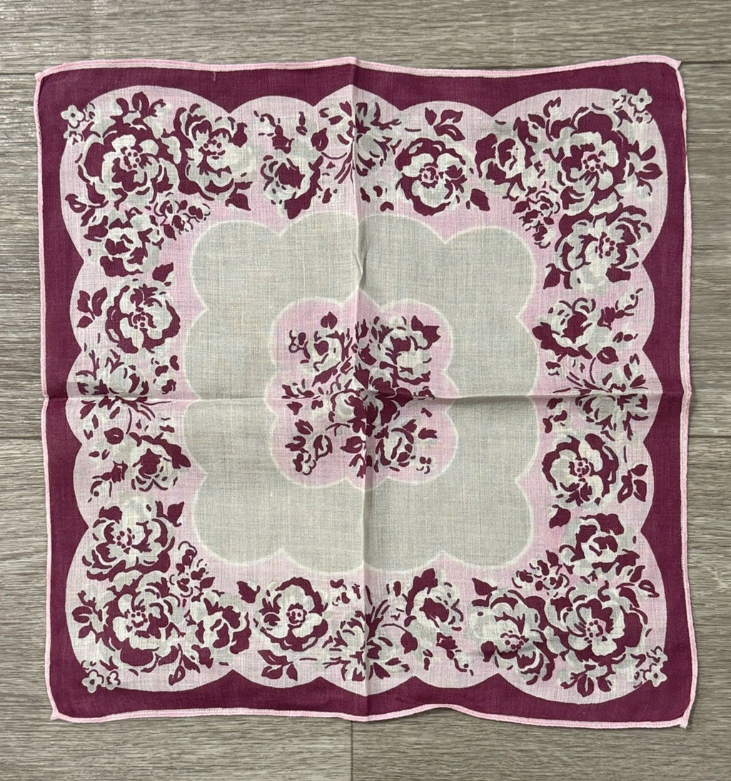 Beautiful Pink, Maroon & White Vtg. Wedding Handkerchief With Floral Roses 11”
