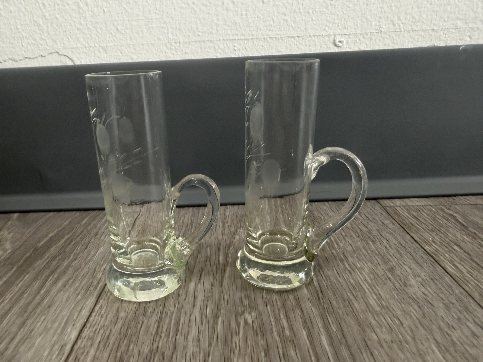 Shot Sake Liqueur Pair Glasses Japanese Etched Plant w/ Handles Vintage CHIPPED