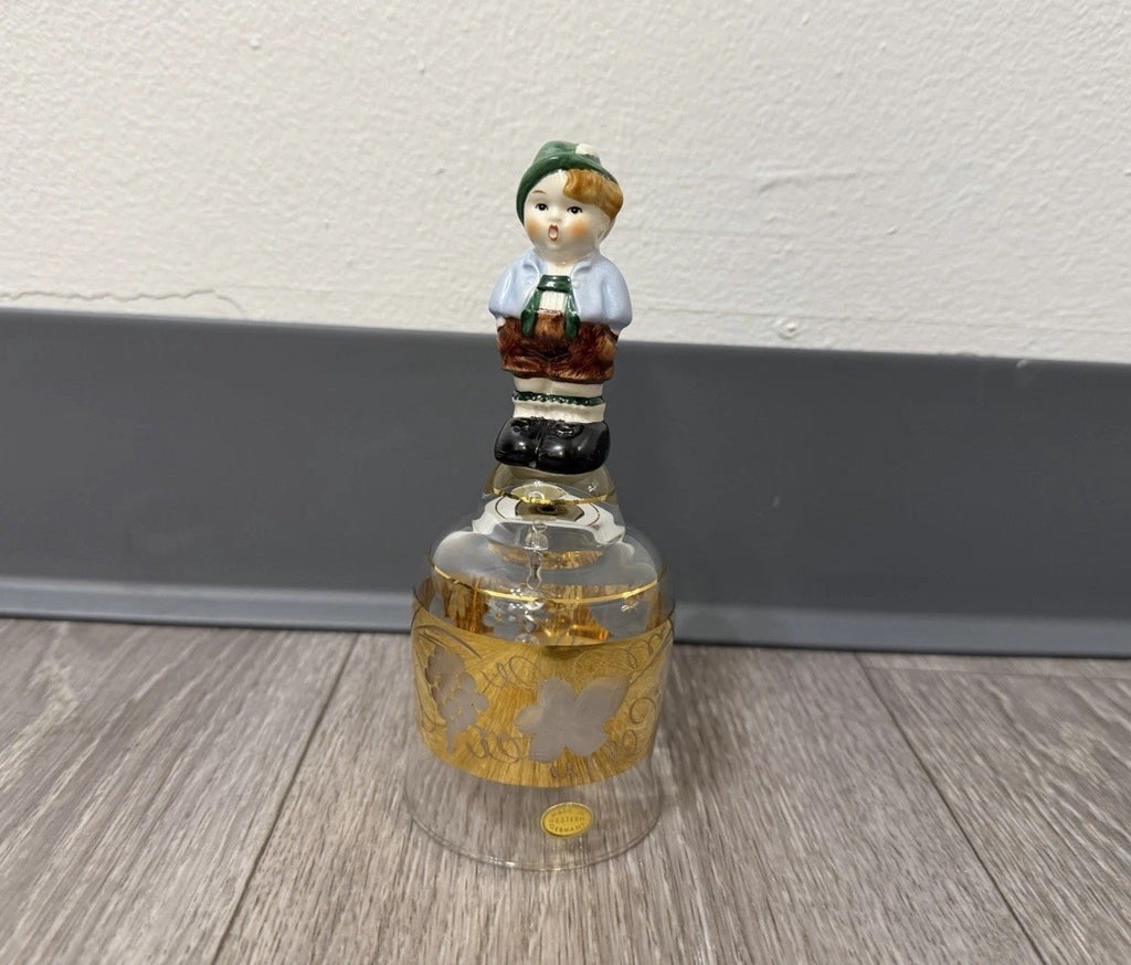 Vintage Goebel Western Germany Etched Crystal Glass Bell Ceramic Boy Handle