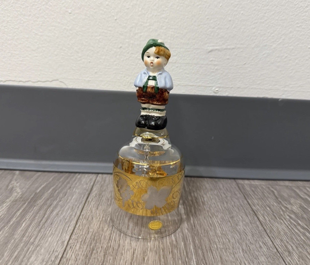 Vintage Goebel Western Germany Etched Crystal Glass Bell Ceramic Boy Handle