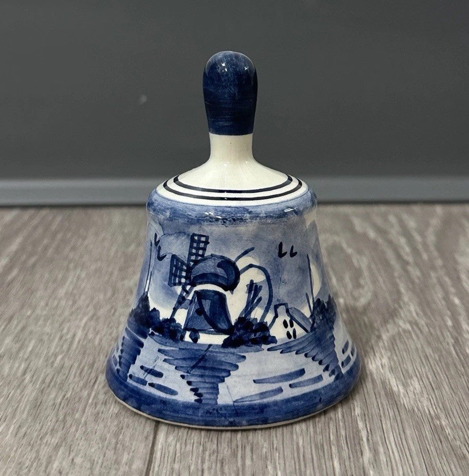 Vintage DELFTt Holland Blue and White Hand-Painted Windmill Leaf Bell 3”