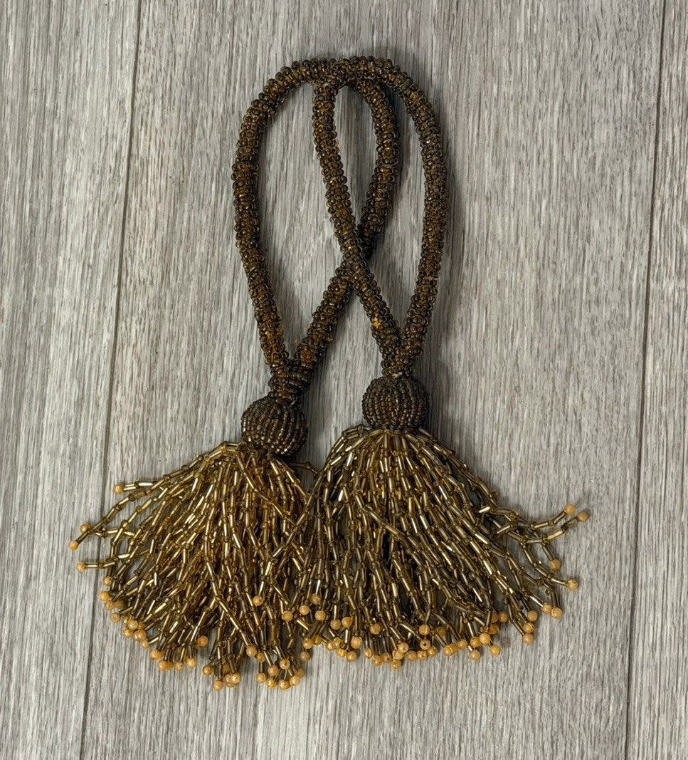 VINTAGE - Set Of Two Gold & Brown Beaded Curtain  Tassels / Tiebacks Home Decor