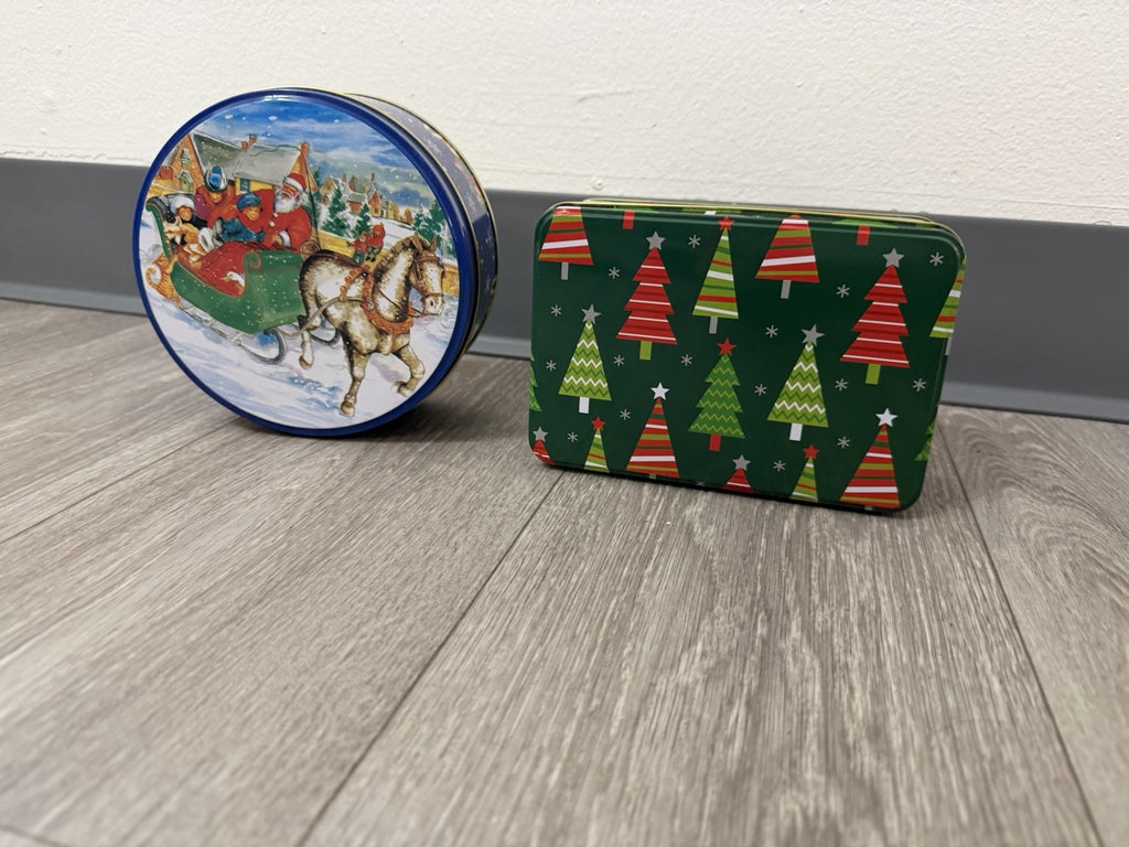 2 Christmas Tins Rnd & Rectangle 6” Diameter & 6.5”x 4.25” Used Great Condition