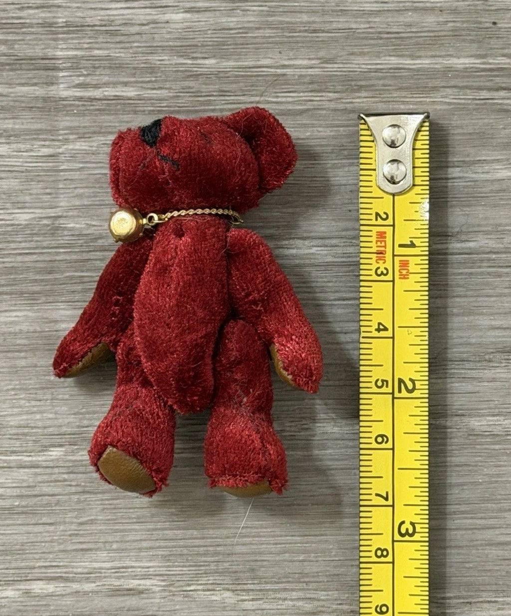 1982 Miniature Jointed Ruby Velvet Purple Teddy Bear Wearing A Necklace