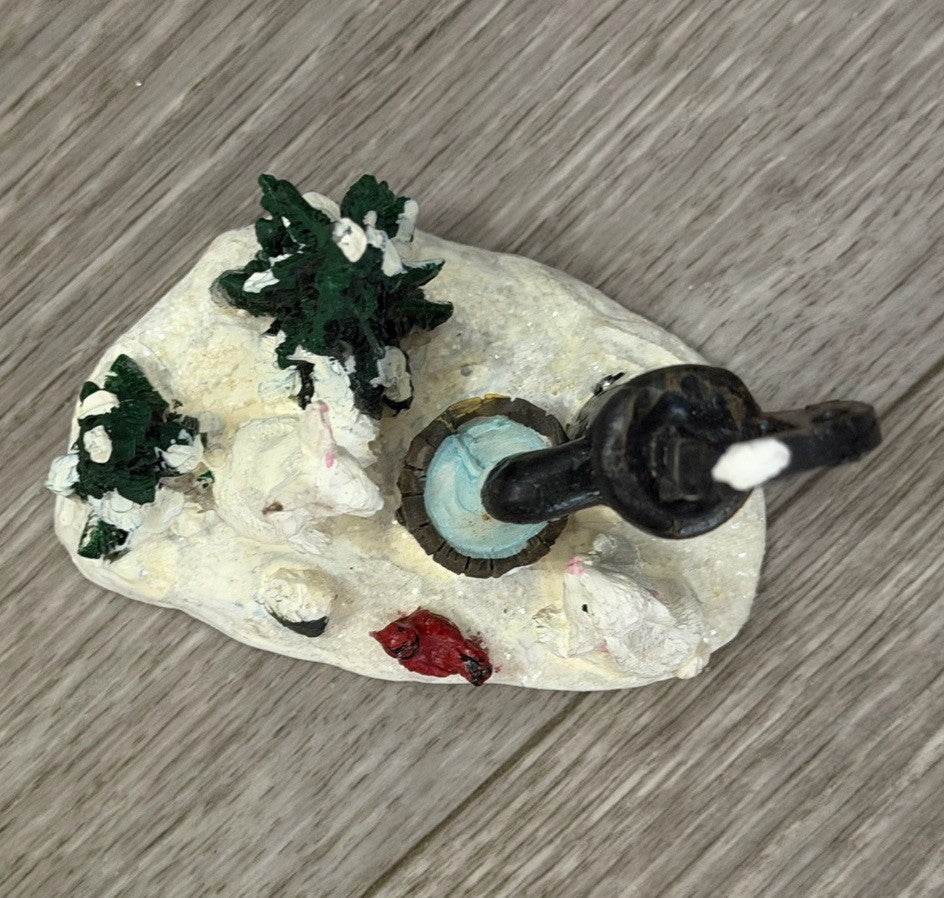 VTG Christmas Village Figurine Water Pump Bunnies Cardinal Bird Resin Snow