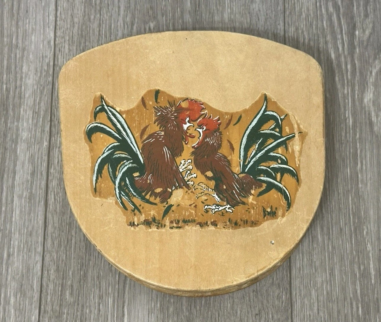 Vintage Wooden Hamburger Press Hand-Painted Folk Art Fighting Roosters Chicken 