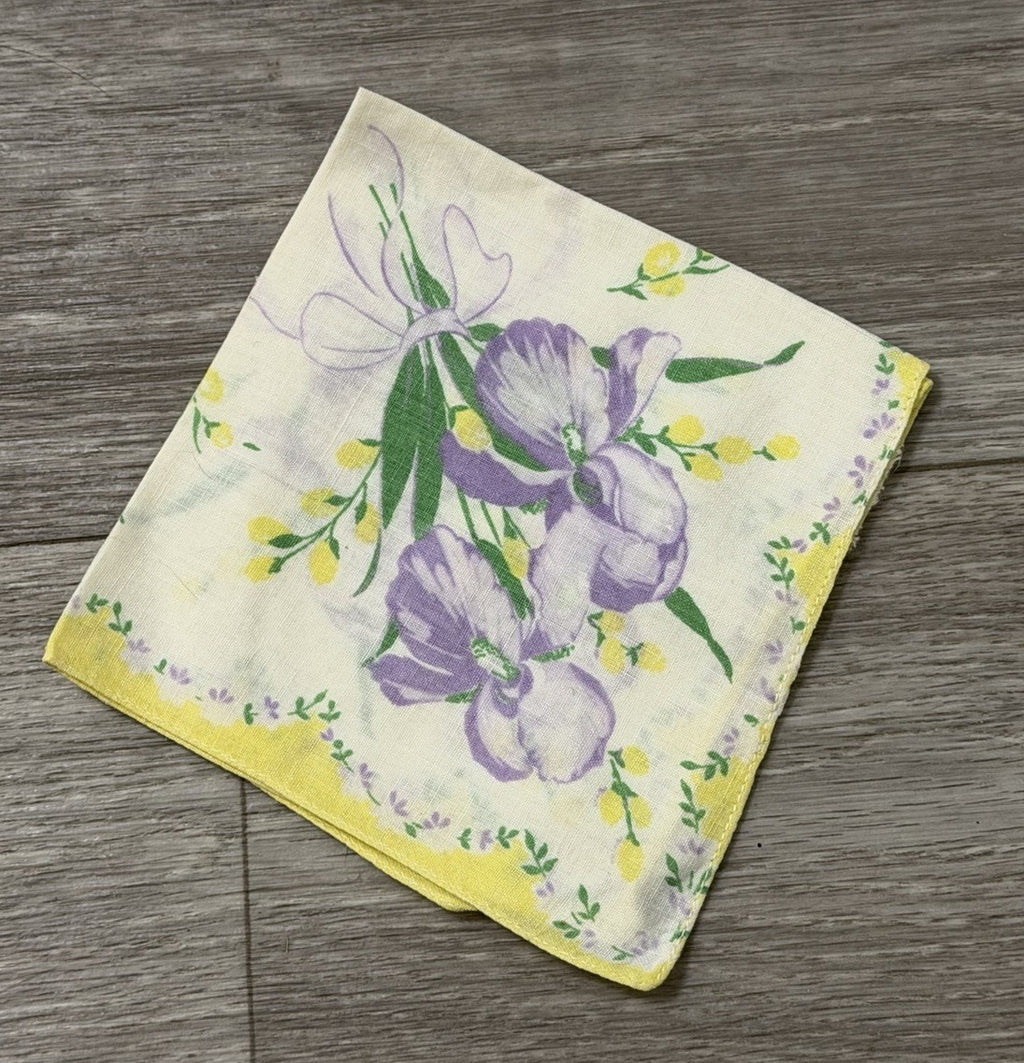 Vtg Ladies Square Handkerchief w/ Purple Iris Flowers & Ribbon Floral Print