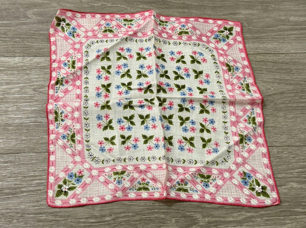 Vintage Beautiful Tiny Flowers Boho Wedding Handkerchief Pink, Blue & White