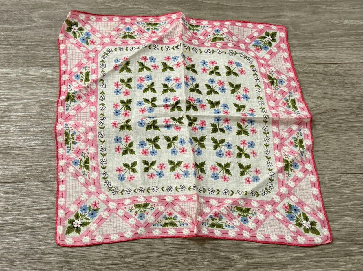 Vintage Beautiful Tiny Flowers Boho Wedding Handkerchief Pink, Blue & White