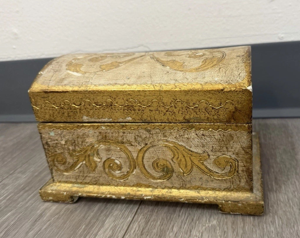 Vintage Domed Wood Gold Gilt Italian Florentine Footed Trinket Box 8”x5”x4.75”