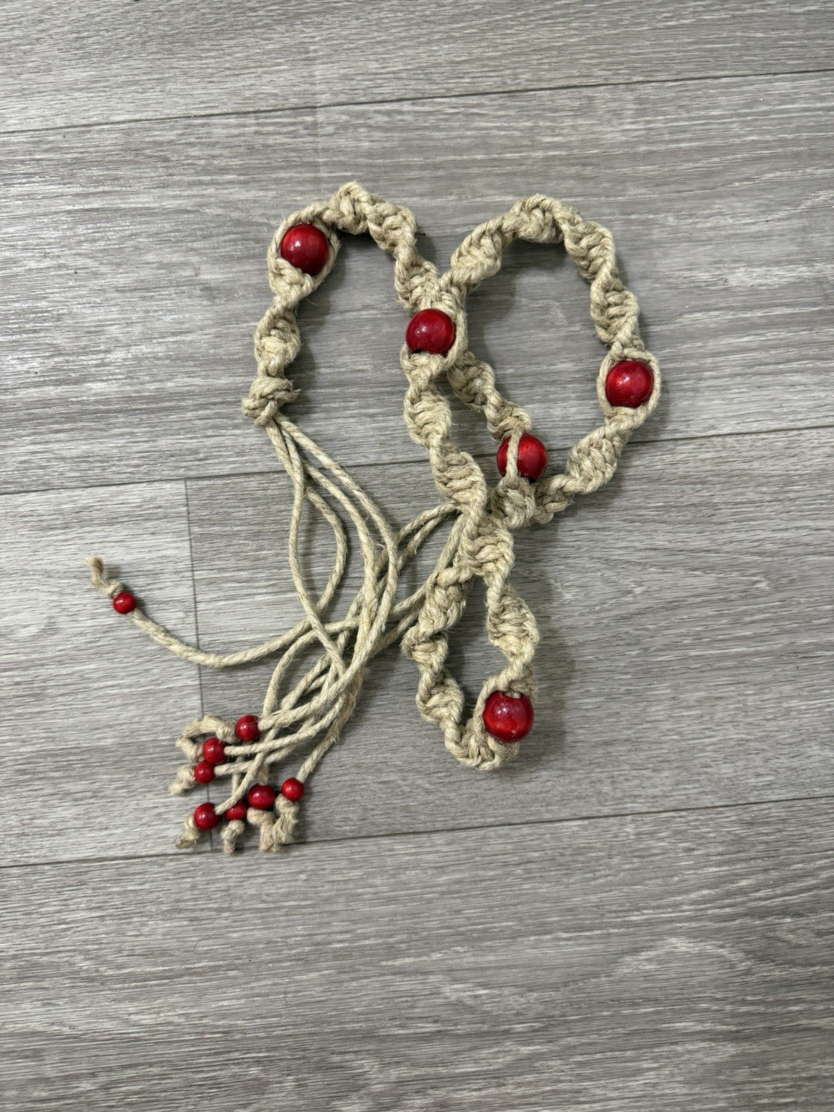 Handmade Hemp Rope Macrame And Red Painted Wood Bead Hippy Boho Tie Belt 50.5”