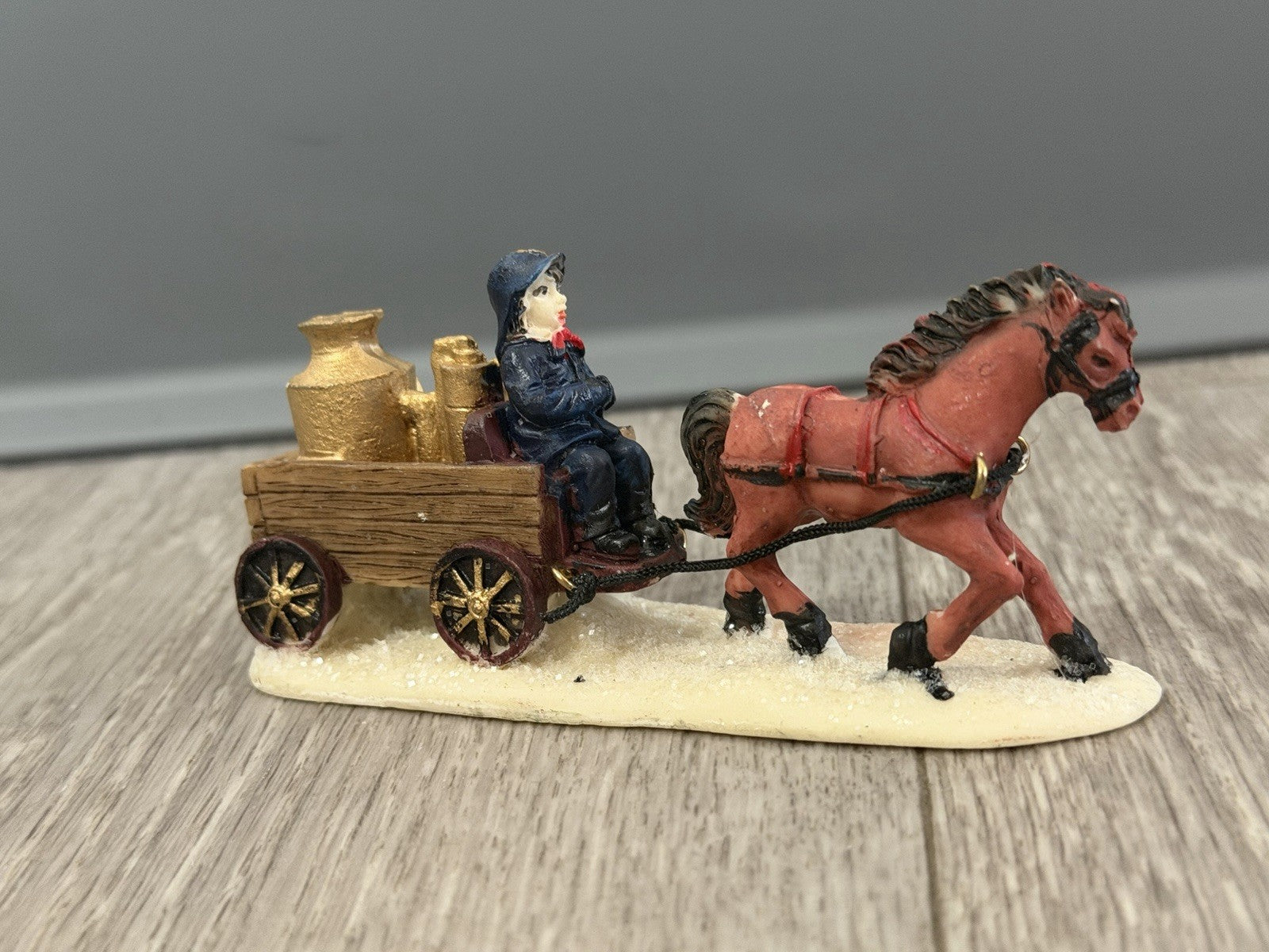 Horse-Drawn Fire Pumper Wagon w/ Firefighter, Vintage Christmas Village Figurine