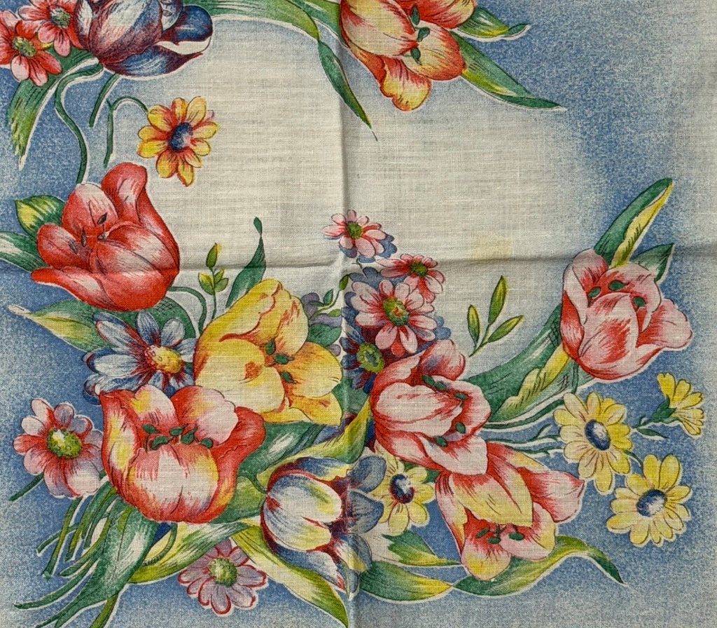 Vintage Beautiful Flowers Spring Easter Handkerchief 10.5” Square