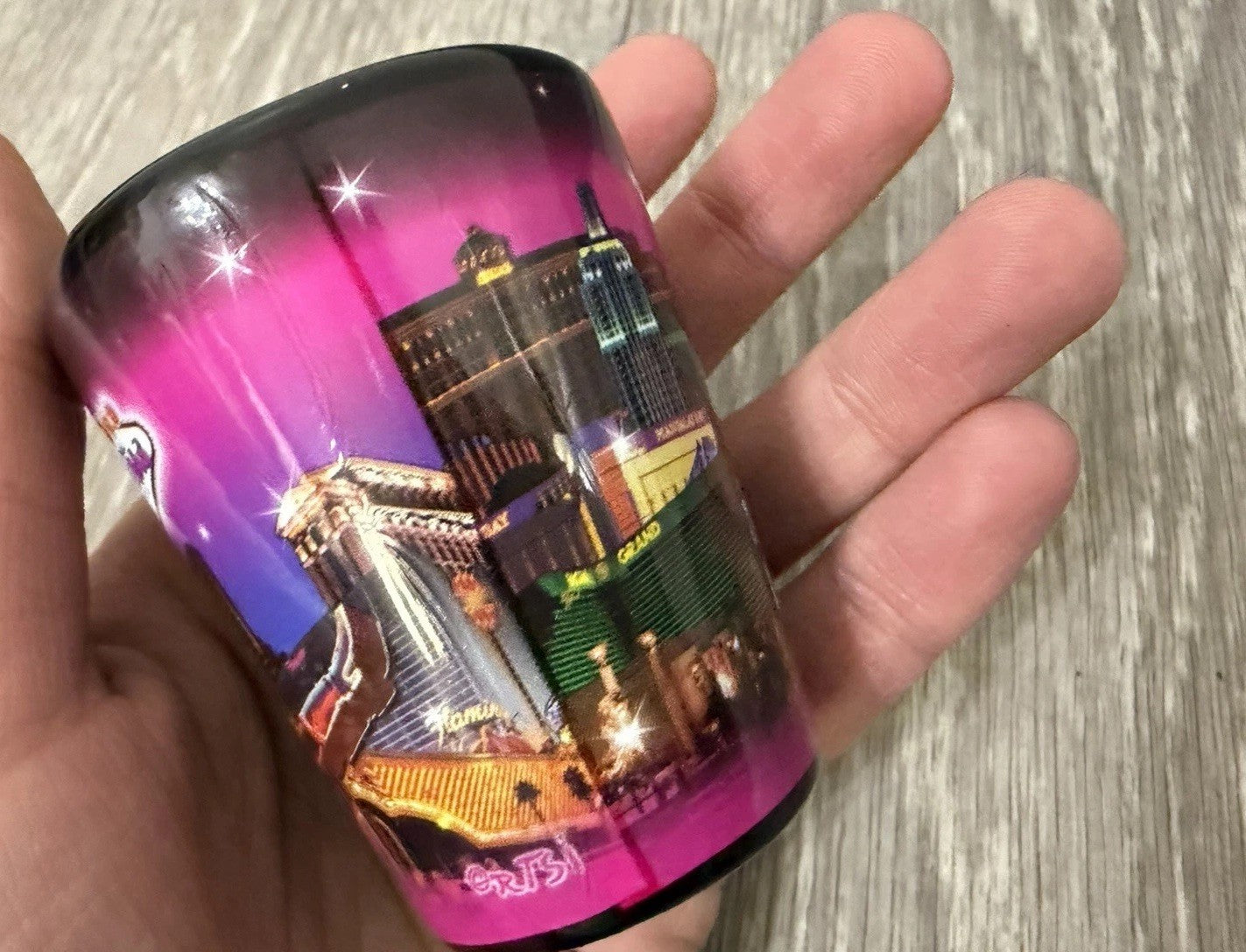 E - Shot Glass - 2.5" Black Las Vegas with inserted Dice