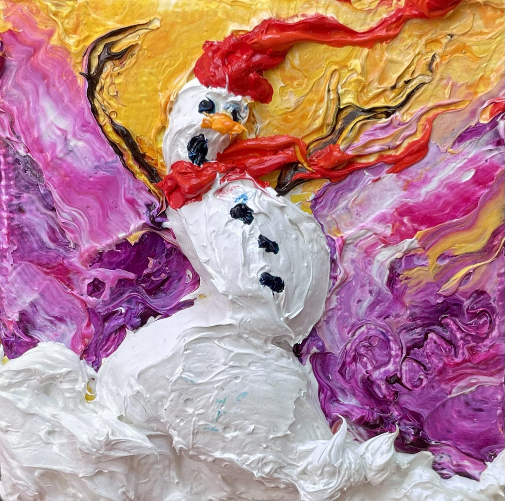 ‘Blown Away’ Snowman New mini oil painting original By Paris Wyatt Llanso 2x2”