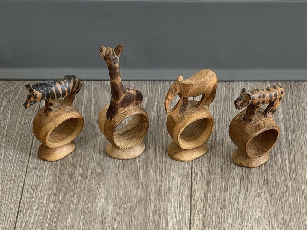 Vintage set of 4 Hand Carved Wooden African Safari Animal Napkin Ring Holders
