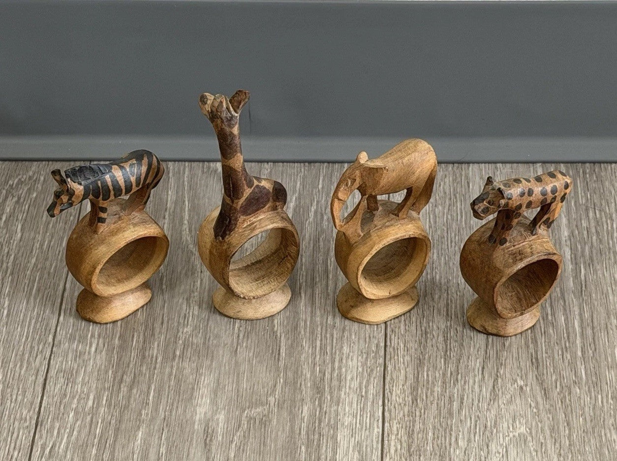Vintage set of 4 Hand Carved Wooden African Safari Animal Napkin Ring Holders