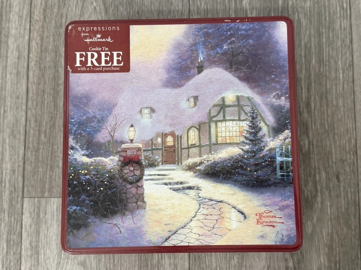 Hallmark/Kroger Thomas Kinkade Maroon/Gold Scenic Square Metal Tin, 7.5x7.5”
