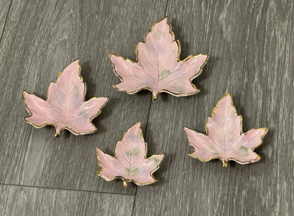 Vintage Ceramic set of 4 Nesting Maple Leaf Dishes 4 inches Pink And Gold