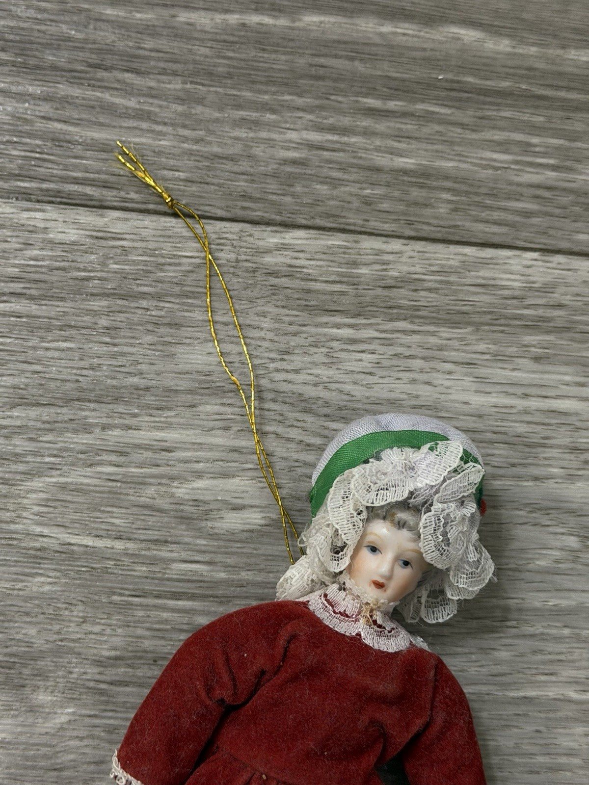 VTG Victorian Style Porcelain Woman Doll Red Velvet Dress/Holly Bonnet Ornament