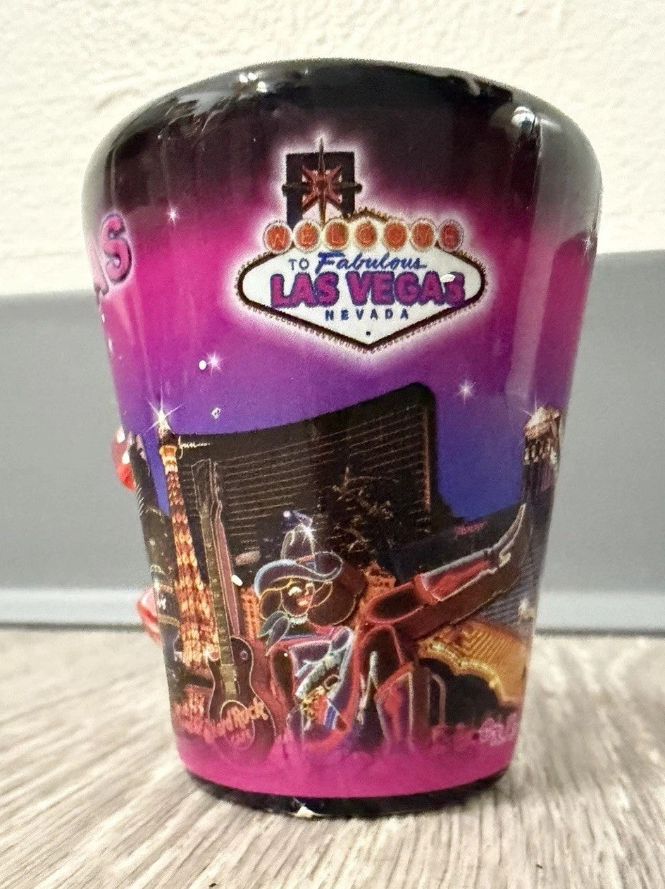 E - Shot Glass - 2.5" Black Las Vegas with inserted Dice