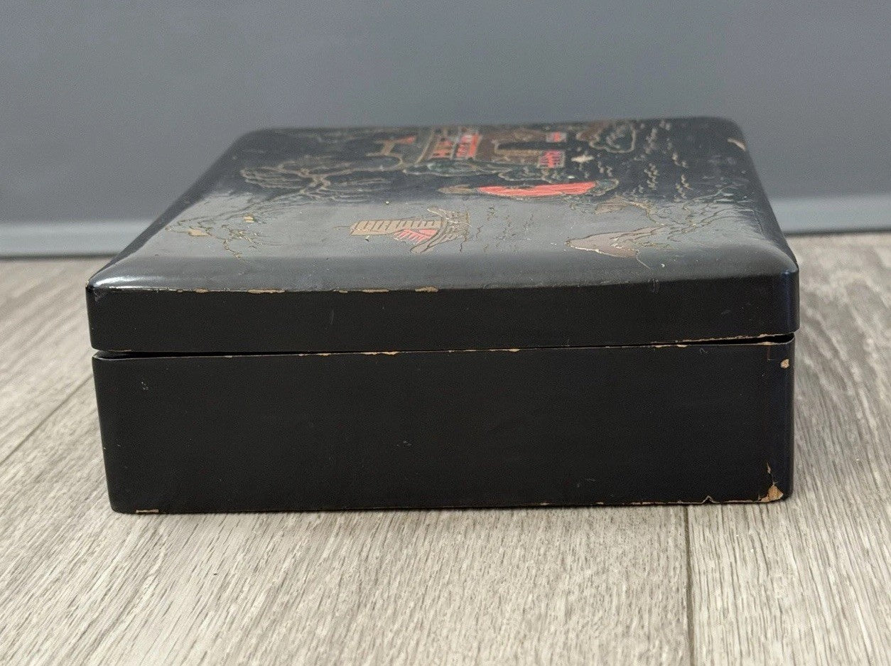 Vintage Japanese Lacquerware 7"x6"x2.25" Wooden Box Decorative Landscape DAMAGE