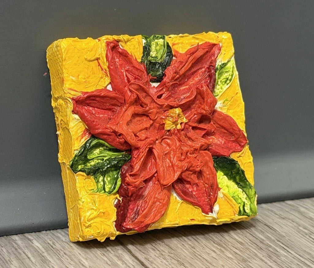 ‘Pointsettia’ Christmas Mini Oil Painting Magnet By Paris Wyatt Llanso 2x2”