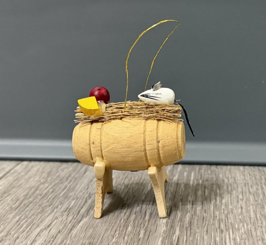 Vintage Wood Barrel Christmas Ornament With Mouse Cheese And Apple