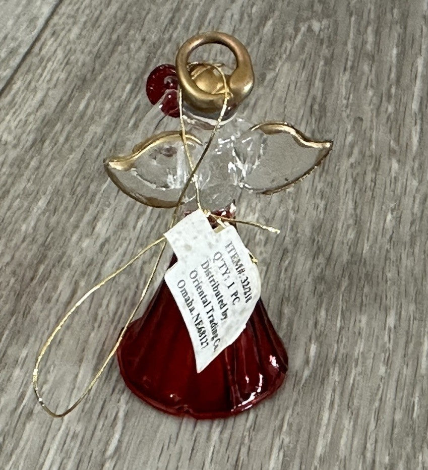 Blown Glass Angel Ornament With Red Heart & Gold Trimmed Wings 2.5"