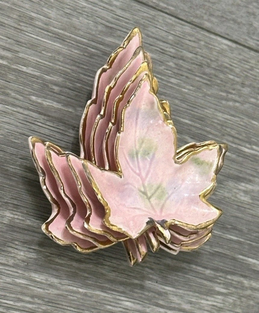 Vintage Ceramic set of 4 Nesting Maple Leaf Dishes 4 inches Pink And Gold