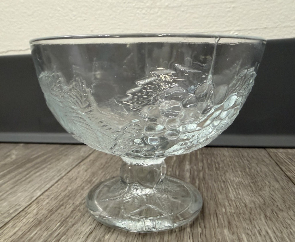 Vintage Footed Glass Bowl W/ Apples & Grapes Fruit Design Holiday Candy Dish