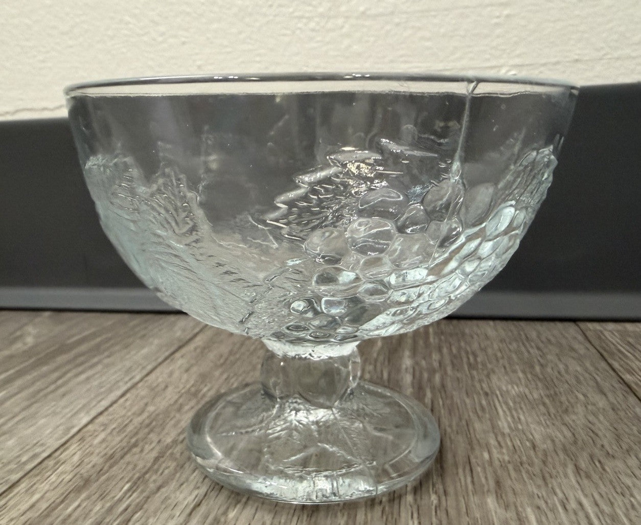 Vintage Footed Glass Bowl W/ Apples & Grapes Fruit Design Holiday Candy Dish