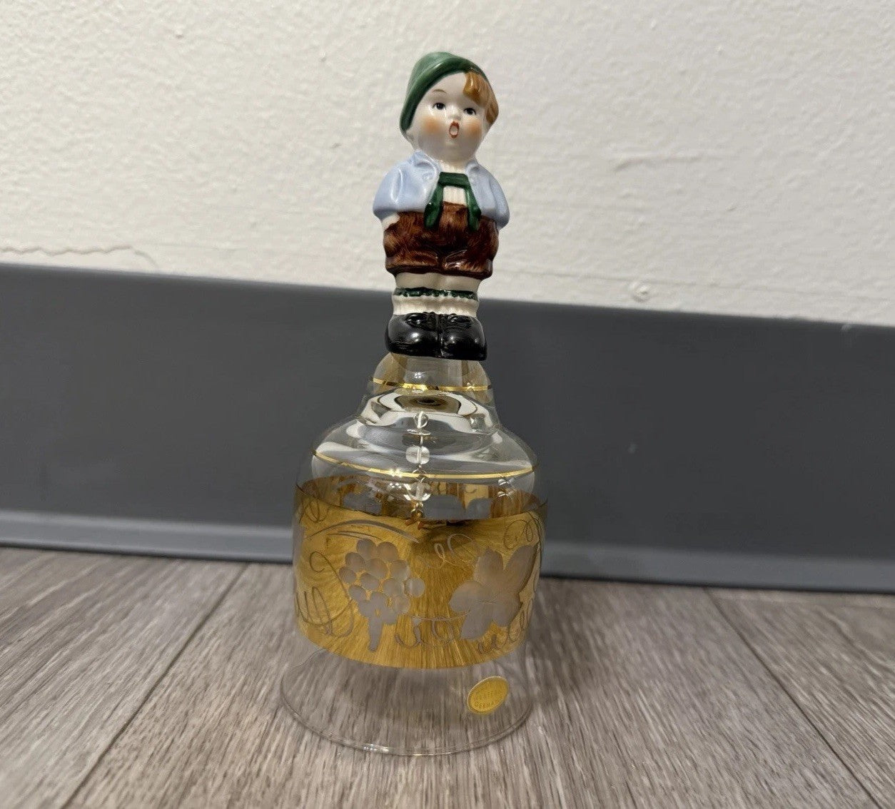 Vintage Goebel Western Germany Etched Crystal Glass Bell Ceramic Boy Handle