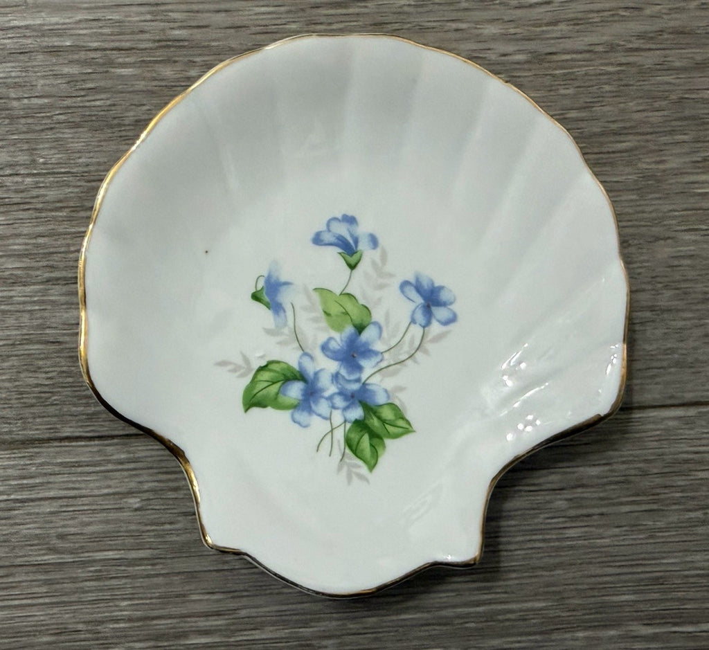 Vintage Apex Sea Clam Shell Gold Rim Blue Flowers Ceramic Trinket Dish