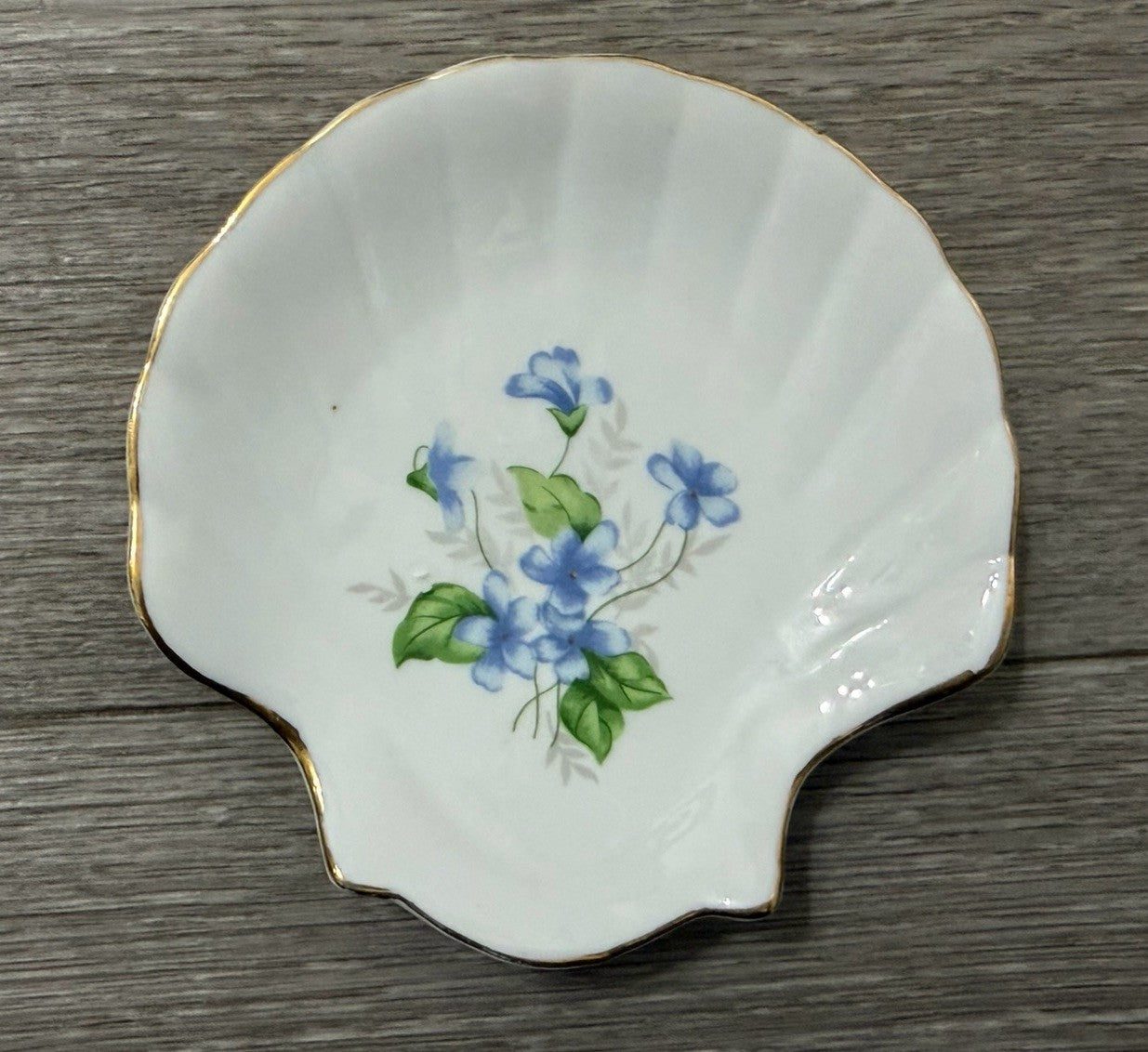 Vintage Apex Sea Clam Shell Gold Rim Blue Flowers Ceramic Trinket Dish