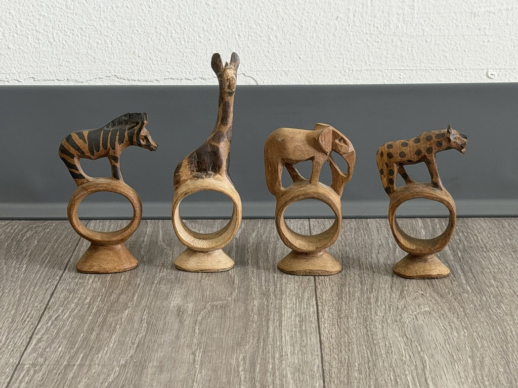 Vintage set of 4 Hand Carved Wooden African Safari Animal Napkin Ring Holders