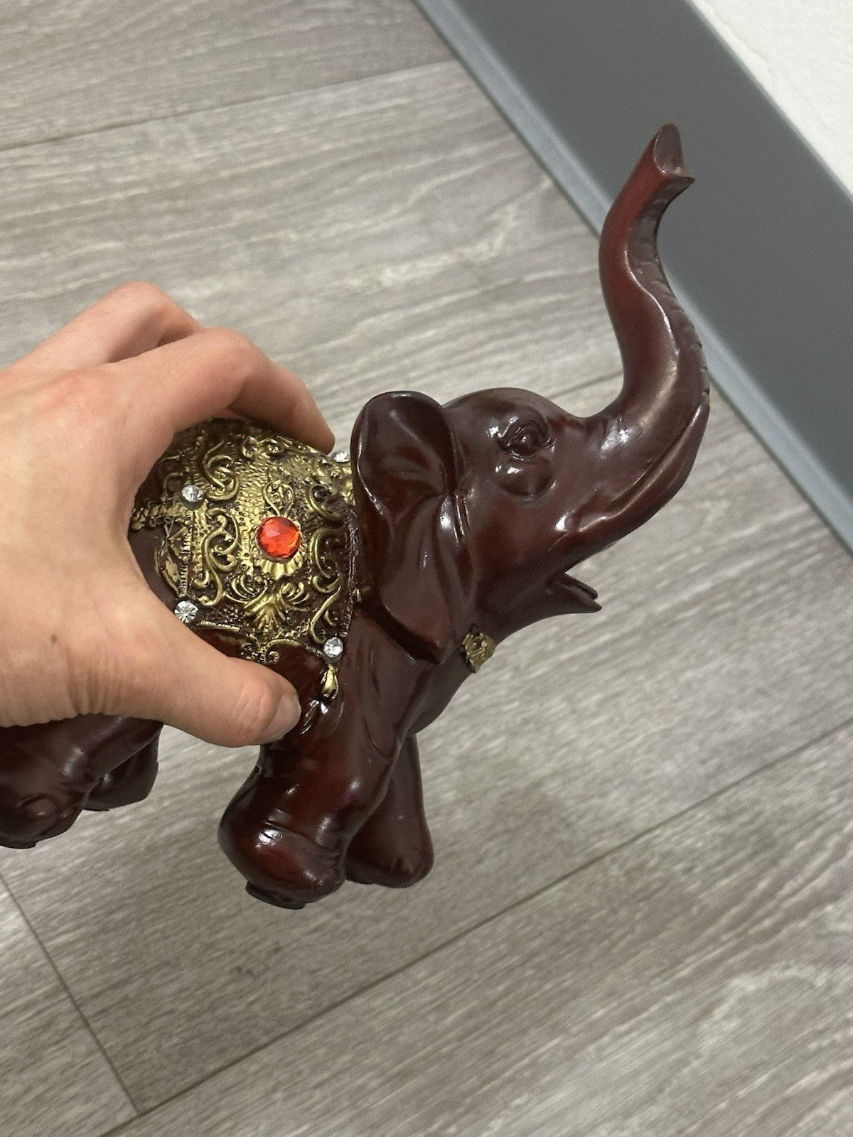 Ornate Decorative Elephant Figurine Red Resin with Gold Accents - Missing 1 Gem