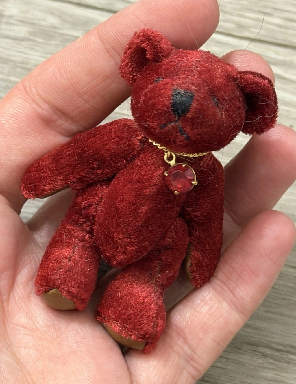 1982 Miniature Jointed Ruby Velvet Purple Teddy Bear Wearing A Necklace