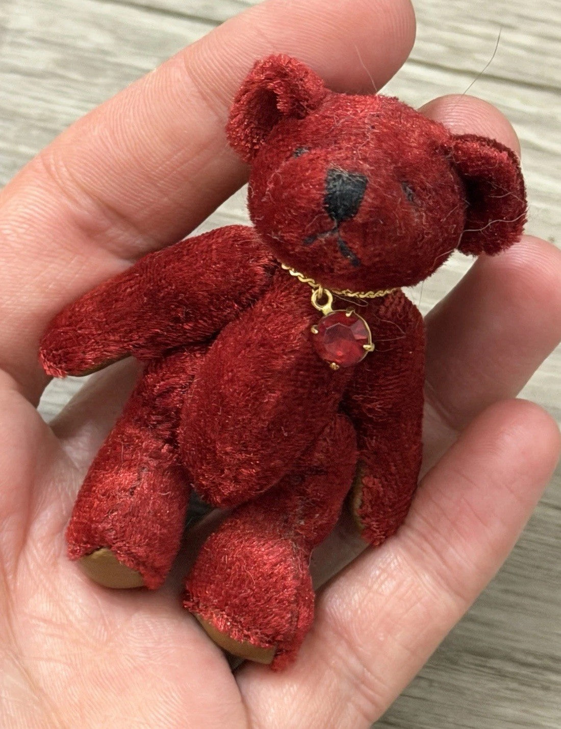 1982 Miniature Jointed Ruby Velvet Purple Teddy Bear Wearing A Necklace