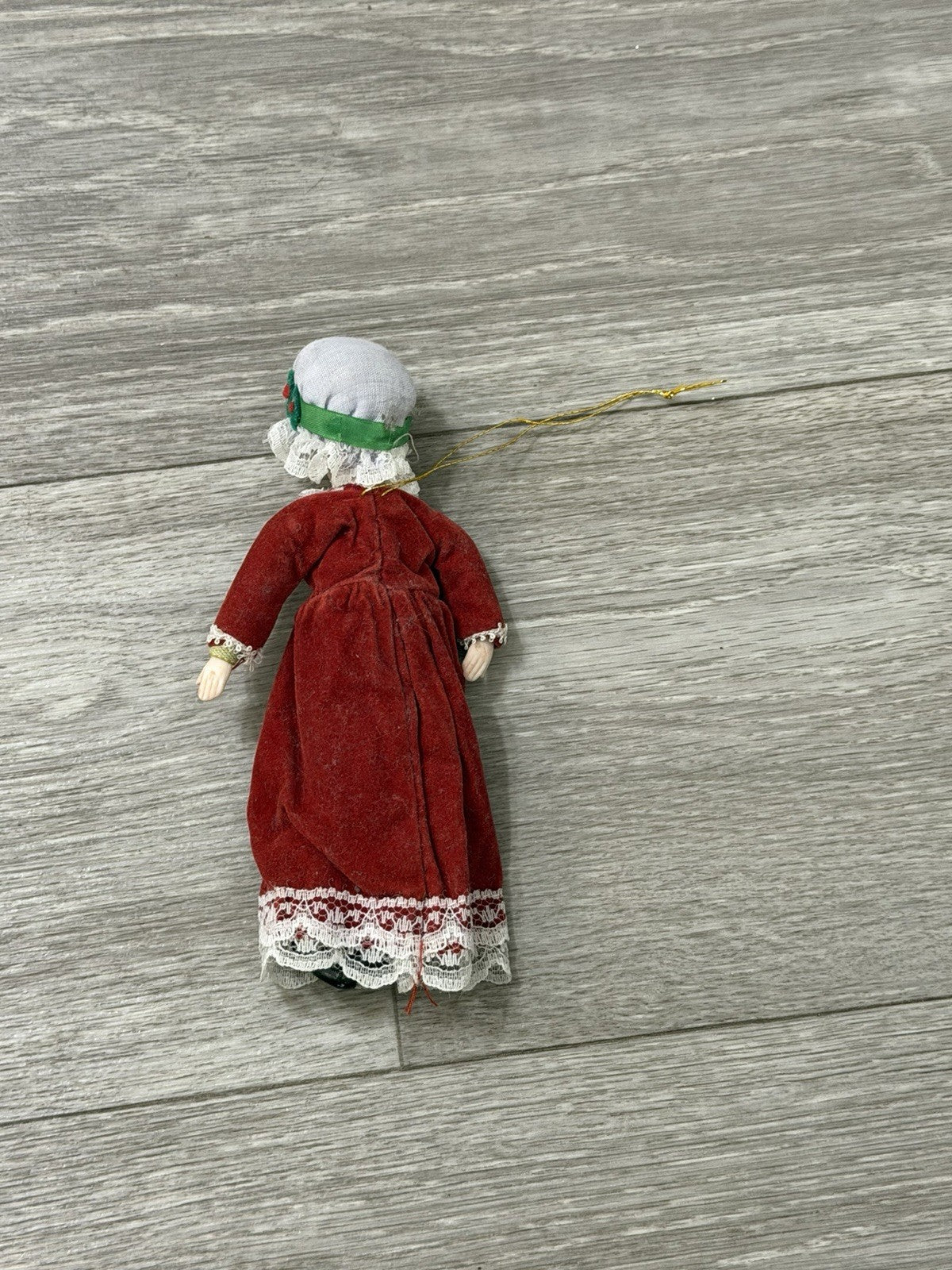 VTG Victorian Style Porcelain Woman Doll Red Velvet Dress/Holly Bonnet Ornament