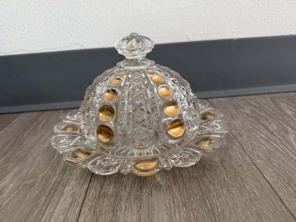 Vintage Good Drops Butter Dish w/ Domed Lid - Gold/Pressed Glass Has Chips