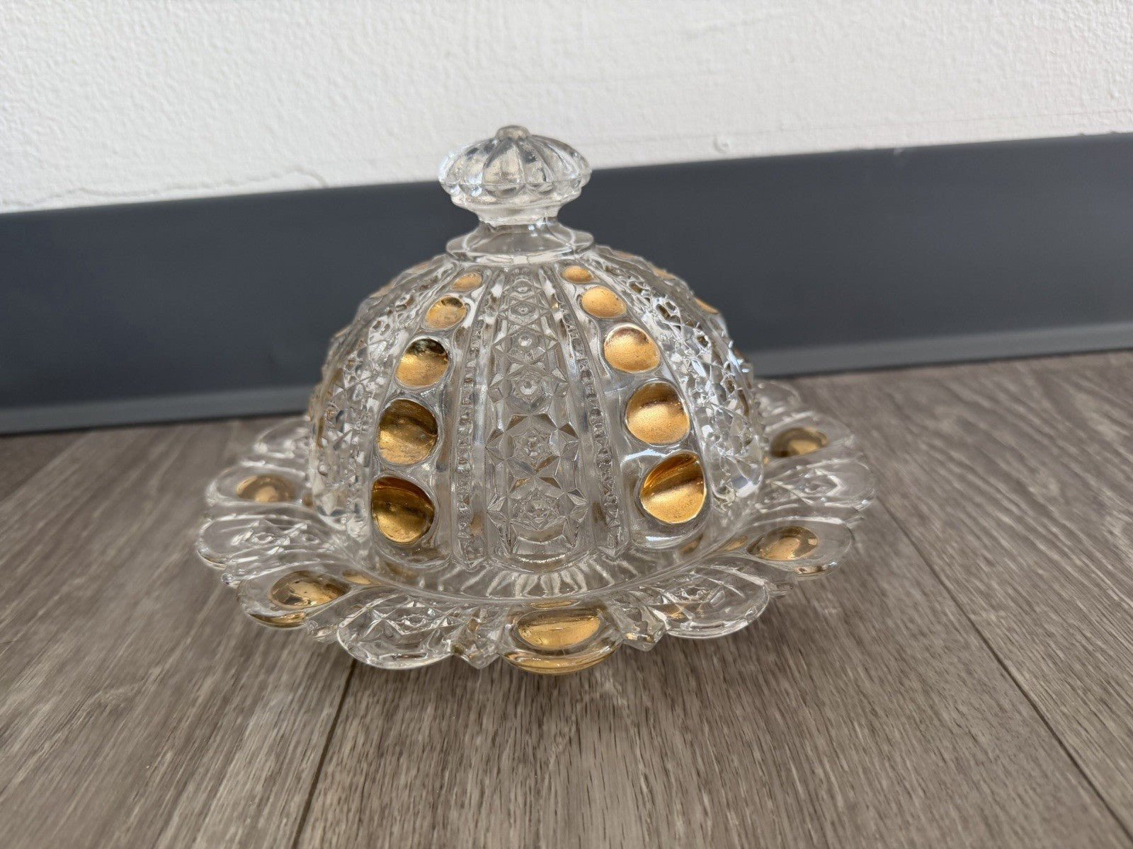 Vintage Good Drops Butter Dish w/ Domed Lid - Gold/Pressed Glass Has Chips
