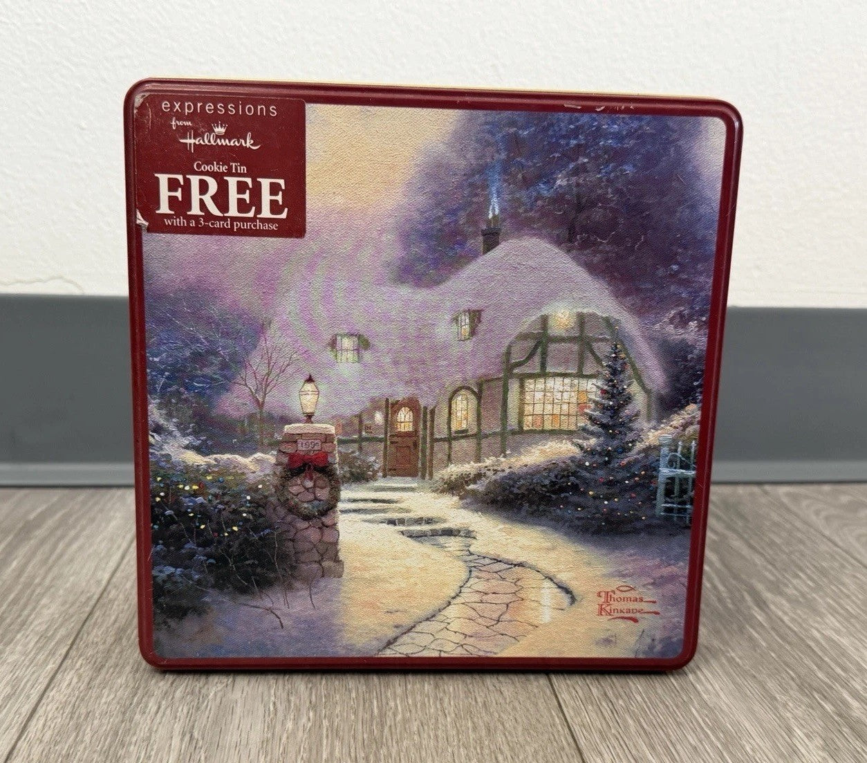 Hallmark/Kroger Thomas Kinkade Maroon/Gold Scenic Square Metal Tin, 7.5x7.5”