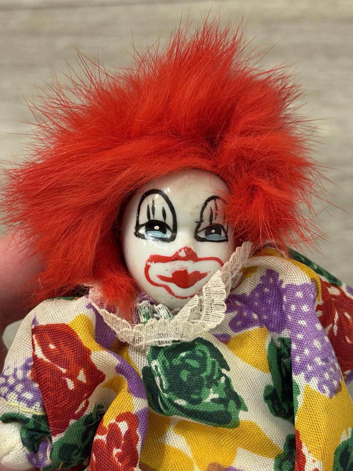 Vintage Imperial Porcelain Face Clown Doll 5” Plush Toy With Wild Red Hair