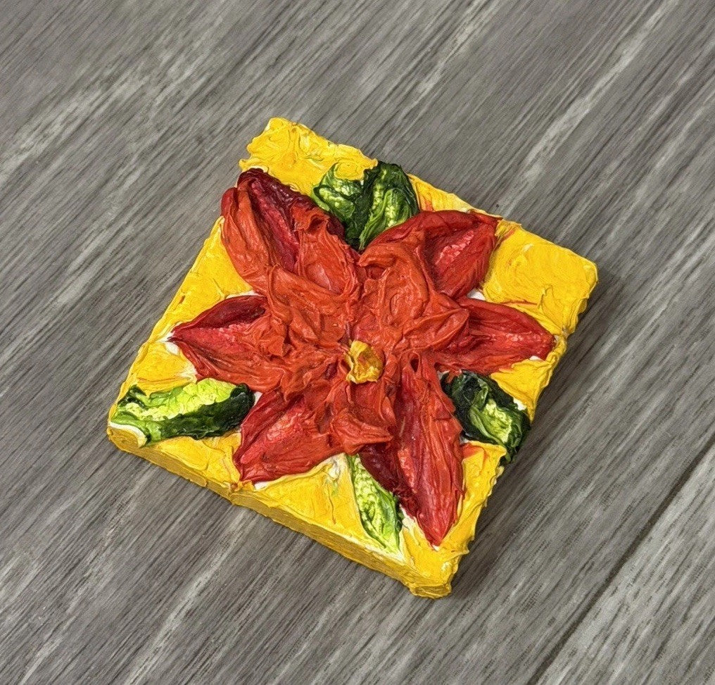‘Pointsettia’ Christmas Mini Oil Painting Magnet By Paris Wyatt Llanso 2x2”