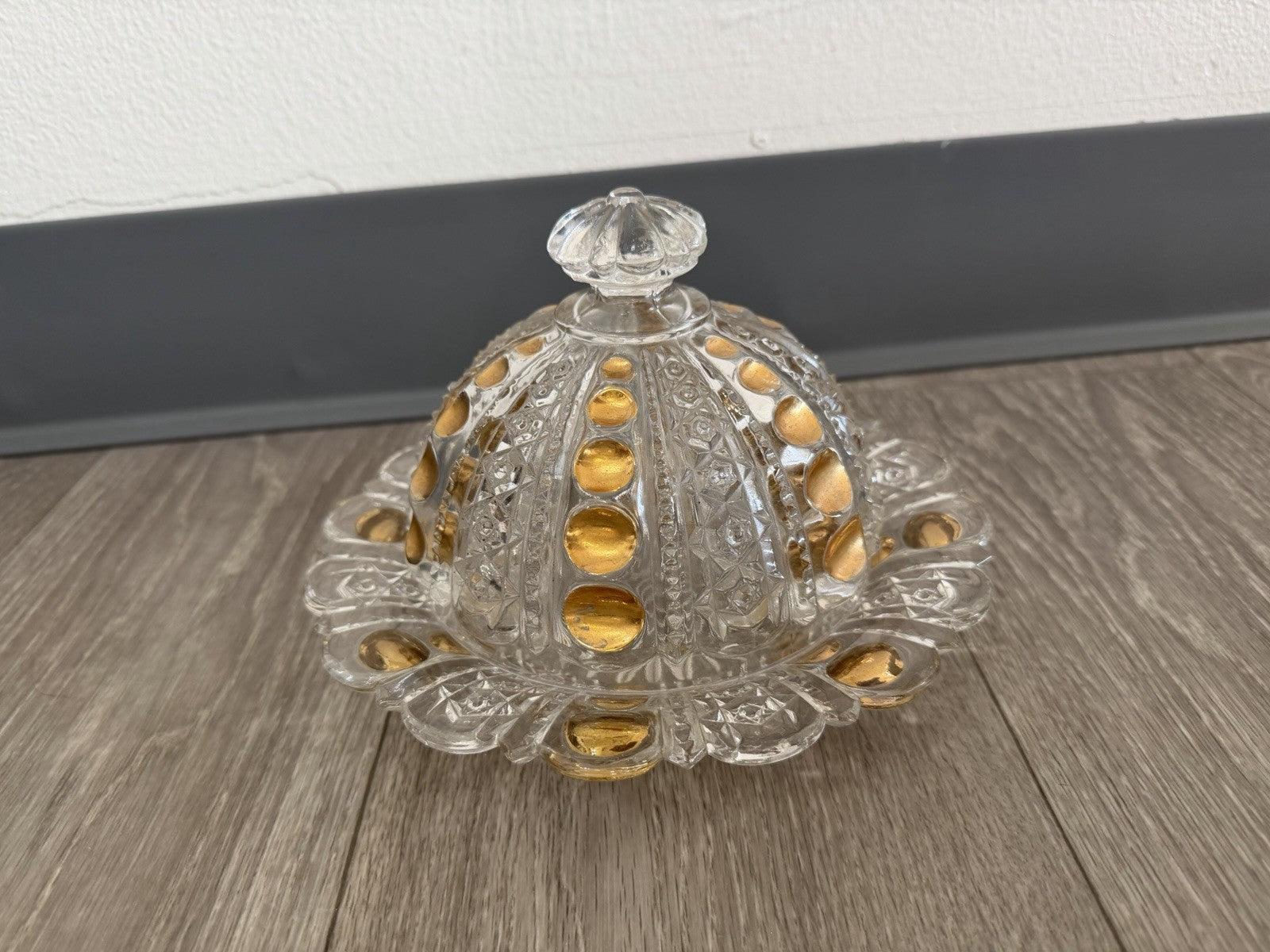 Vintage Good Drops Butter Dish w/ Domed Lid - Gold/Pressed Glass Has Chips