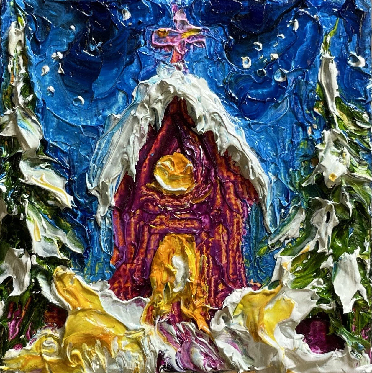 ‘Church In The wild Woods’ New mini oil painting original By Paris Llanso 2x2”