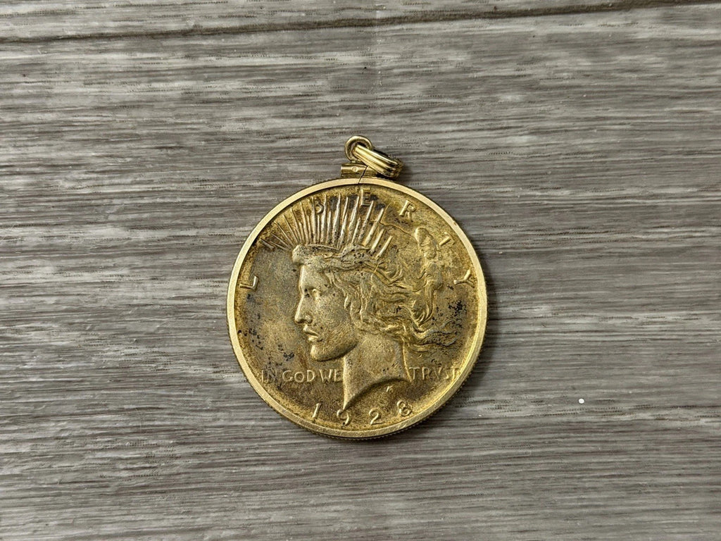 1928 PEACE SILVER DOLLAR Vintage US Coin Circulated Pendant Gold Tone Added